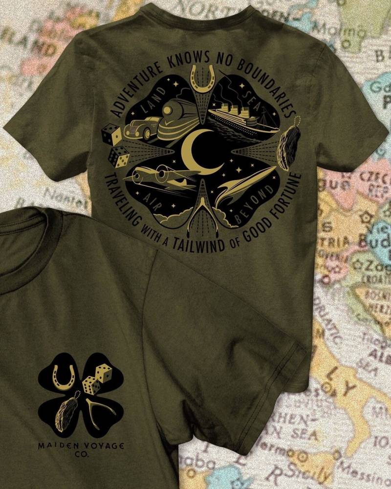 Lucky Travel Unisex T-Shirt Reisen Segeln Fliegen Glück Tshirt Hufeisen Wishbone Würfel Celestial Halbmond Zug Rakete von MaidenVoyageClothing