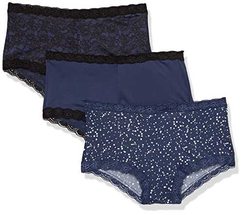 Maidenform Damen Microfiber, One Fab Fit Boyshort Panty, 3er-Pack Slips für Jungen, Marineblau Schwarz/Marineblau Schwarze Spitze/Shining Star, L von Maidenform