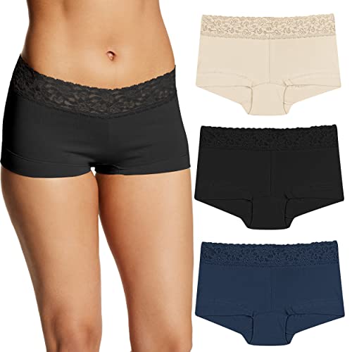 Maidenform Damen Panty, Dream Lace Boyshorts, Baumwolle Panties für Frauen, 3er-Pack Slips für Jungen, Latte Lift/Schwarz/Marineblau, Spitze, M von Maidenform