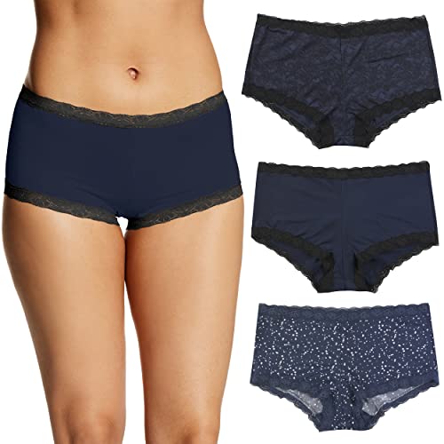 Maidenform Damen Panty Mikrofaser, eine tolle Passform, Boyshort Höschen, 3er-Pack Slips für Jungen, Marineblau Schwarz/Marineblau Schwarze Spitze/Shining Star, M von Maidenform