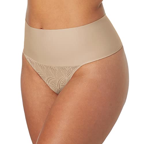 Maidenform Damen Tame Your Tummy Lace Panties, Firm Control Shapewear Thong, Cool Comfort Tangahschen, Beige Swing Spitze, Small von Maidenform