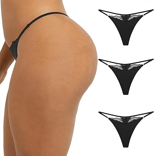 Maidenform Damen Verstellbare String Thong Unterwäsche No-Show Höschen Mehrweg Träger 3er Pack, Schwarz/Schwarz/Schwarz, S von Maidenform