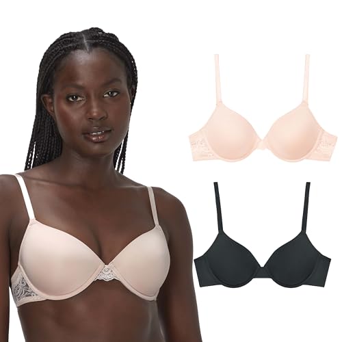Maidenform Damen for Women, Underwire Bra with Adjustable Straps 2-Pack Push-Up-BH, Schwarz/Sandschale, 75A (2er Pack) von Maidenform