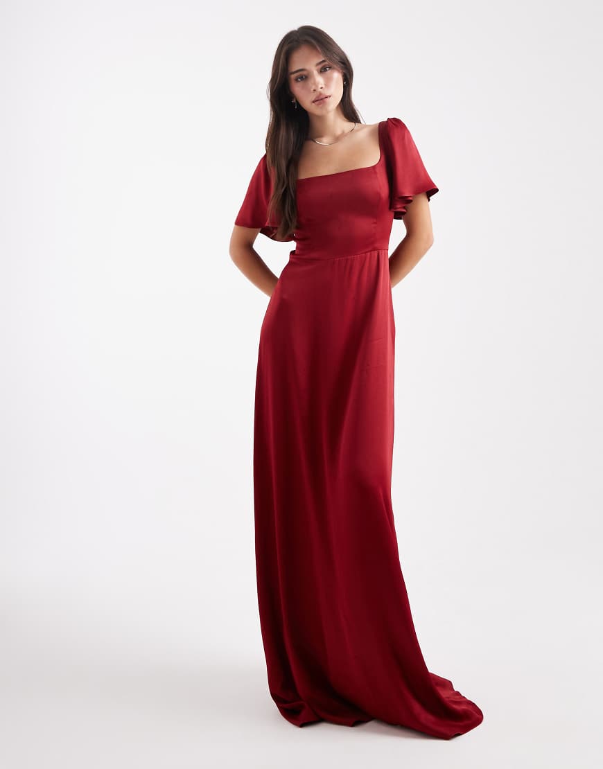 Maids to Measure - Bridesmaid - Maxikleid in Burgunderrot mit Flatterärmeln und eckigem Ausschnitt-Lila von Maids to Measure