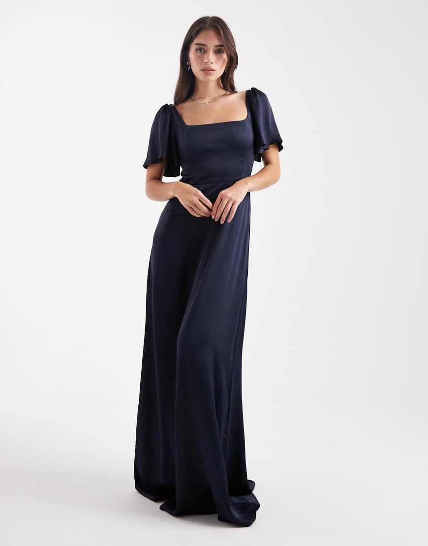 Maids to Measure - Bridesmaid - Maxikleid in Marineblau mit Flatterärmeln und eckigem Ausschnitt von Maids to Measure