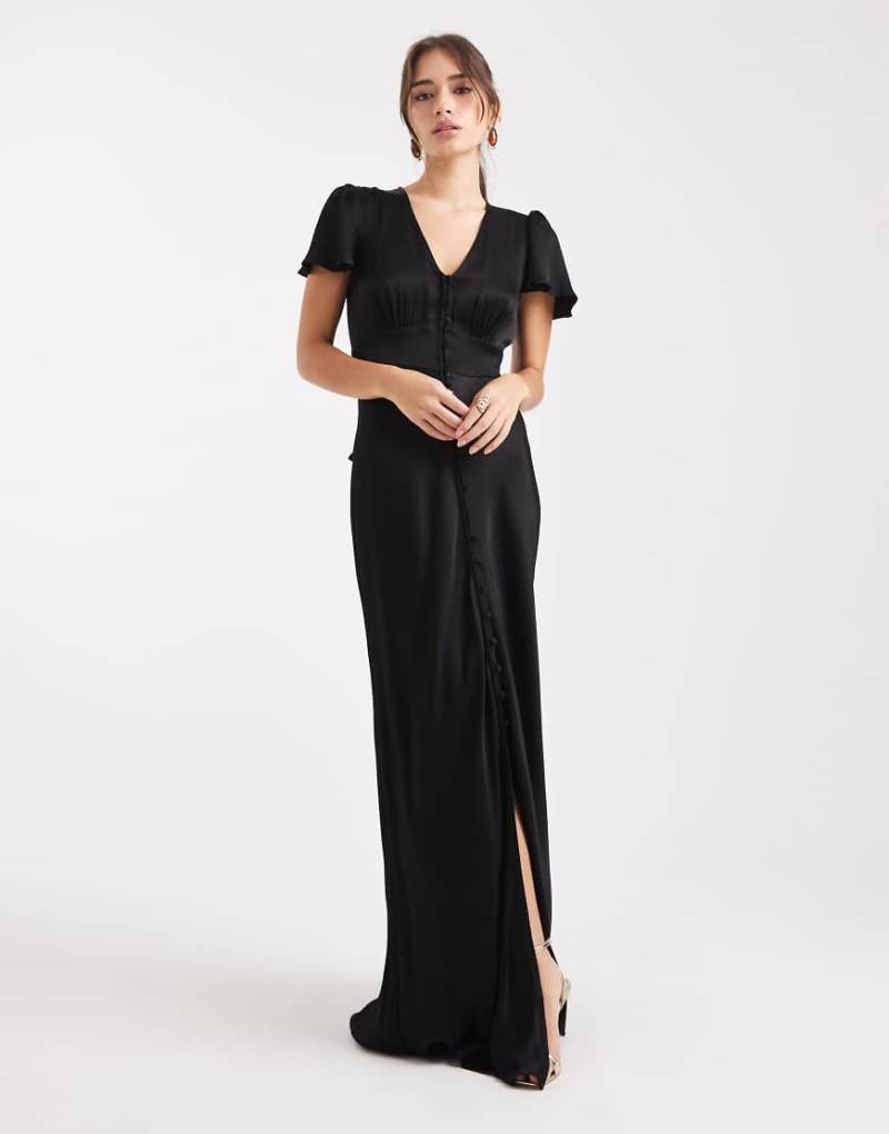 Maids to Measure - Bridesmaid - Maxikleid in Schwarz mit Knopfleiste auf der Vorderseite und Kappärmeln von Maids to Measure