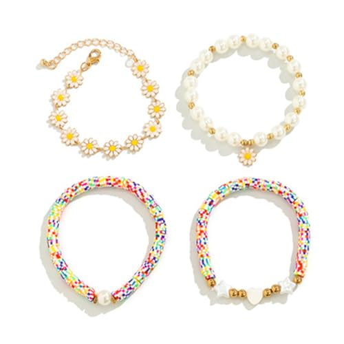 Maigridy Gänseblümchen-Anhänger-Set mit Kunstperlen, buntes Perlenhandketten-Accessoire, stapelbares Armband für Damen und Mädchen, stapelbare Armbänder für Frauen, Einheitsgröße, Wie beschrieben von Maigridy
