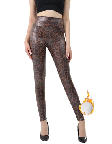 Damen Leopard Leggings Kunstleder，Hohe Taille Sexy Kunstlederhose Mit Fleece Thermisch Gefüttert，Winter Warn Stretch Faux Leather Leder (DE/NL/SE/PL, Alphanumerisch, L, Regular, Regular, Braun) von Maiinaadi