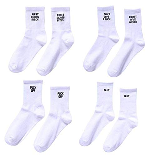 Maijia 4 Paare Neuheit Lustiger Buchstabe Druck Baumwollsocken F*** Off Crew Socken Frauen Herren Tube Socks Unisex White Socke von Maijia