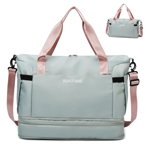 MaijjLyn Erweiterbare Reisetasche, Wochenendtasche für Damen, wasserdicht, groß, Sporttasche, Sporttasche, Handgepäcktasche mit Schuhfach, Grün / Rosa von MaijjLyn