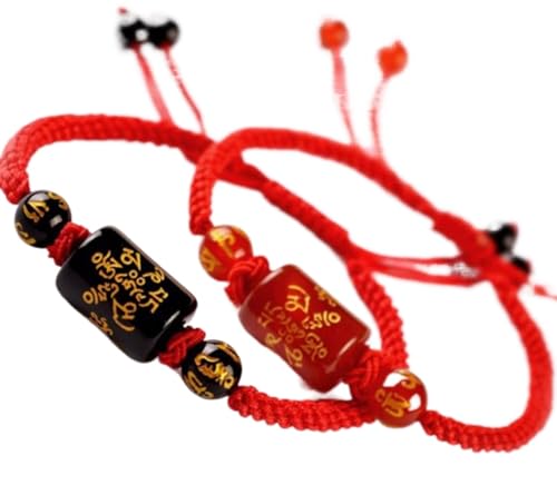 Feng Shui Rotes Armband, Armband aus natürlichem Edelstein, rotem Achat, Armband for Damen und Herren, Amulett, Reichtum, Glück, Reiki-Kristall, Chakra-Quarz, verstellbar, roter Achat ( Color : Black von MaikOn