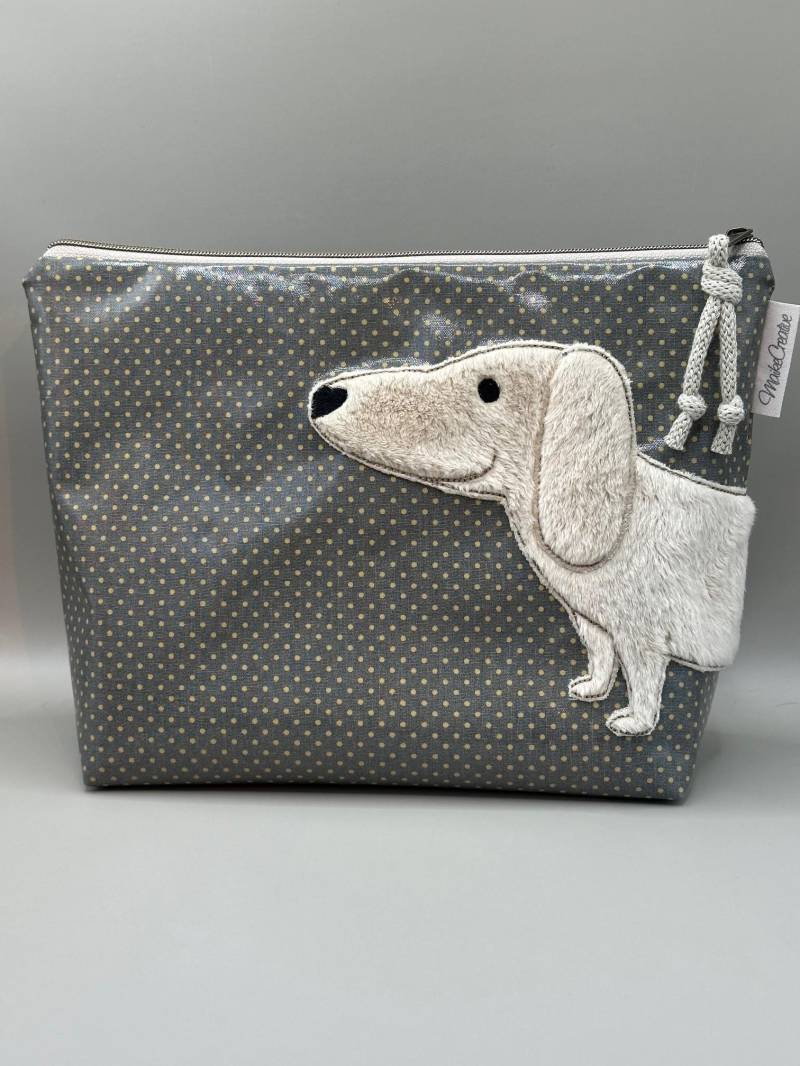 Kinder Waschtasche Kulturtasche Wachstuch Au Maison Grau Mit Dackel Walter von MaikeCreative