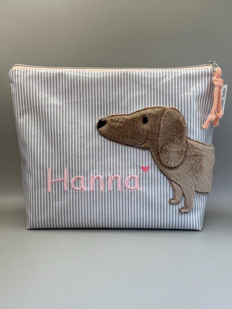 Kinder Waschtasche Kulturtasche Wachstuch Au Maison Hellgrau Mit Dackel Walter Namen von MaikeCreative