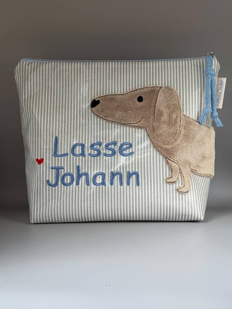 Kinder Waschtasche Kulturtasche Wachstuch Au Maison Hellgrau Mit Dackel Walter Namen von MaikeCreative