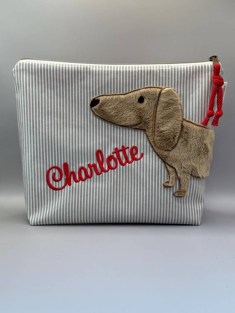 Kinder Waschtasche Kulturtasche Wachstuch Au Maison Hellgrau Mit Dackel Walter Namen von MaikeCreative