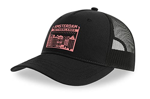 Maikomanija Amsterdam Niederlande Capital Cotton Trucker Cap Curved Visor Netback Hat Atmungsaktives Mesh Sport Top, Schwarz , One size von Maikomanija