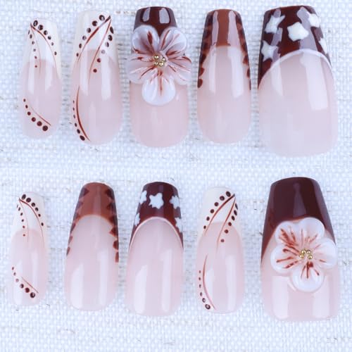 Press on Nails Short Square French Patch Nails False Nails mit 3D Blumendesign Braun und Weiß, Vollflächige Kunstnägel, Glossy Stick-On Nails Acrylnägel 24 Stück von Mailirious