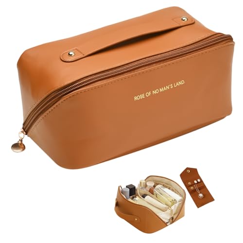 Mailirious Reise-Make-up-Tasche, große Kapazität, Kosmetiktasche für Damen, tragbare Tasche, offen, flach, Kulturbeutel, Make-up-Organizer mit Trennwand und Griff, Braun, Braun, modisch Mailirious Reise-Make-up-Tasche, große Kapazität, Kosmetiktasche für Damen, tragbare Tasche, offen, flach, Kulturbeutel, Make-up-Organizer mit Trennwand und Griff, Braun, Braun, modisch von Mailirious