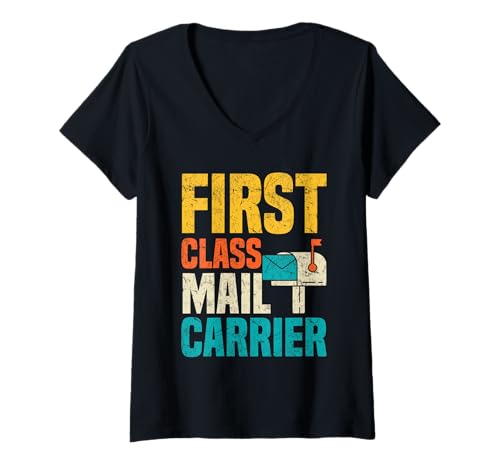 Damen Postangestellter First Class Postträger Lustiger Postbote Postbote Postbote T-Shirt mit V-Ausschnitt Damen Postangestellter First Class Postträger Lustiger Postbote Postbote Postbote T-Shirt mit V-Ausschnitt von Mailman Designs for Postal Worker Postman