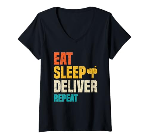 Damen Postbote Eat Sleep Deliver Repeat Mailman Postangestellter T-Shirt mit V-Ausschnitt Damen Postbote Eat Sleep Deliver Repeat Mailman Postangestellter T-Shirt mit V-Ausschnitt von Mailman Designs for Postal Worker Postman