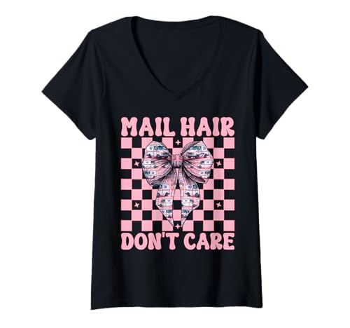 Damen Mail Hair Don't Care Postträger Postangestellte Post Lady T-Shirt mit V-Ausschnitt Damen Mail Hair Don't Care Postträger Postangestellte Post Lady T-Shirt mit V-Ausschnitt von Mailwomen Pink Coquette Bow Mail Carrier Gifts