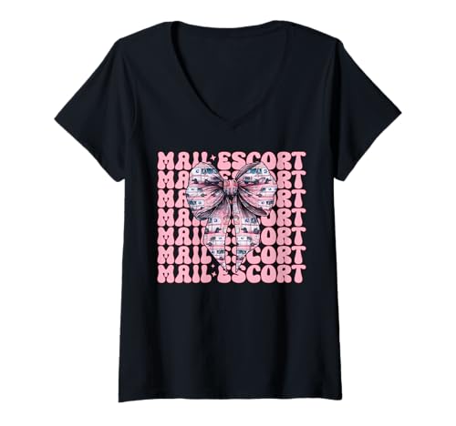 Damen Post Escort Mail Carrier Postangestellte Post Lady Girl Mama T-Shirt mit V-Ausschnitt Damen Post Escort Mail Carrier Postangestellte Post Lady Girl Mama T-Shirt mit V-Ausschnitt von Mailwomen Pink Coquette Bow Mail Carrier Gifts