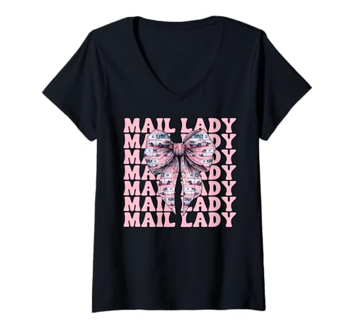 Damen Postsendung Postangestellte Mädchen Mama Kokette Schleife T-Shirt mit V-Ausschnitt Damen Postsendung Postangestellte Mädchen Mama Kokette Schleife T-Shirt mit V-Ausschnitt von Mailwomen Pink Coquette Bow Mail Carrier Gifts