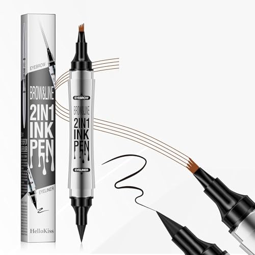 2 in 1 Magic Augenbrauenstift,Wasserdichter 3D Microblading Augenbrauenstift mit 4 Gabelspitzen,Dual-Ended Eyebrow Pencil,Erzeugt Natürliches Langlebiger Aussehende (Hellbraun+Eyeliner (Schwarz)) von MainPi