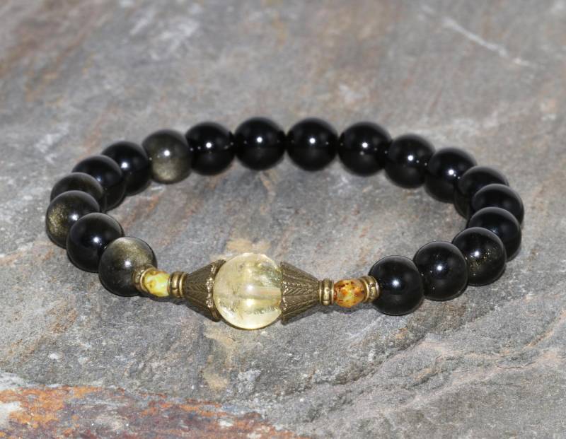8 Mm Gold Obsidian Und Citrin Armband, Gold-Glanz Armband Handarbeit 8Mm Edelstein Stapel Unisex Geschenk von MainaShiki