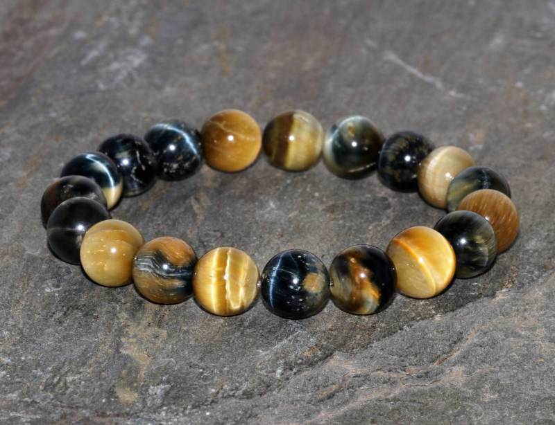 Chunky Golden Blue Tiger Eye Armband 10mm Blaugold Tigerauge Edelstein Perlen Stacking von MainaShiki