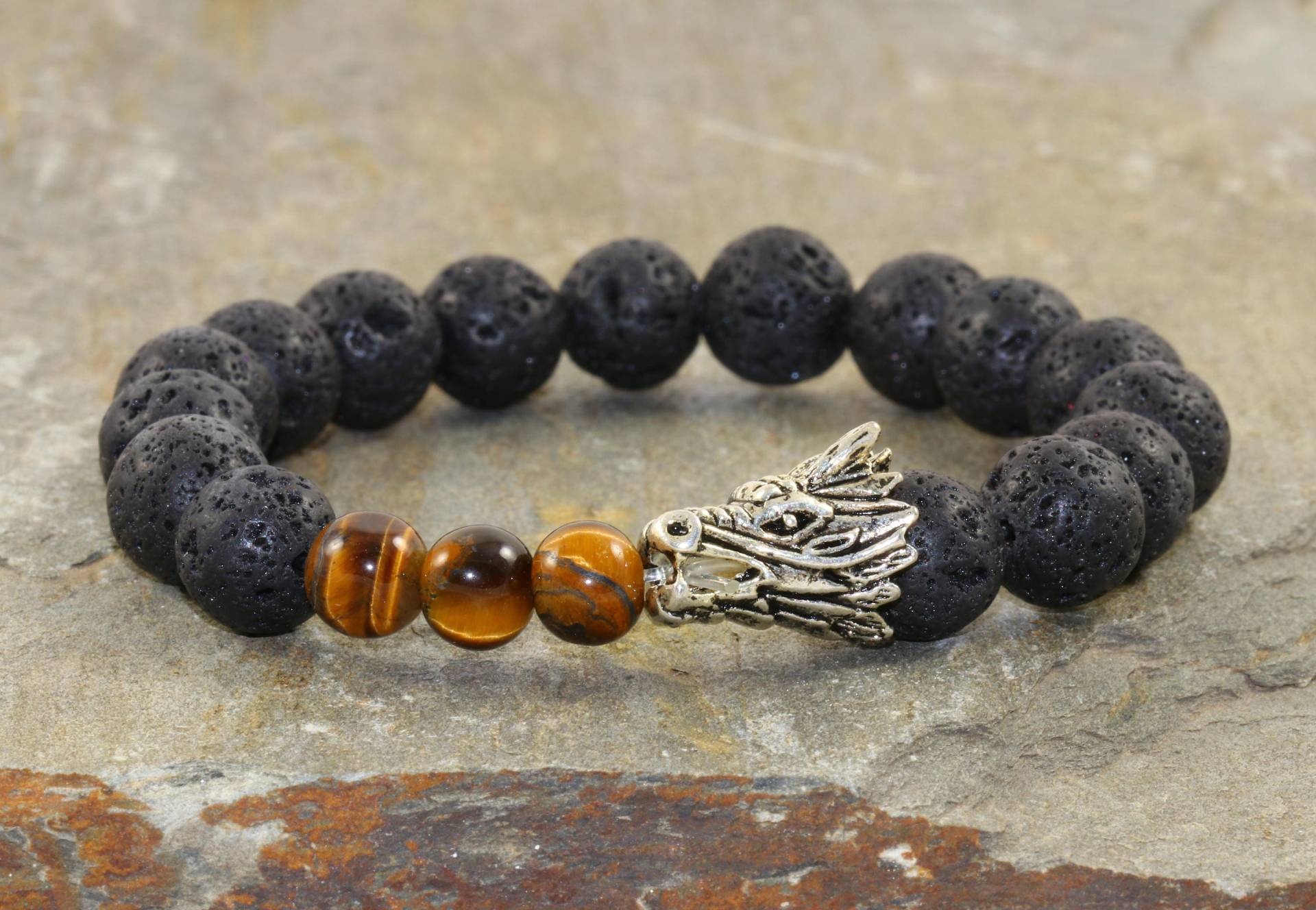 Herren Armband Drache Tigerauge, Lavastein, Chakra Schmuck Herren Armband Drache Tigerauge, Lavastein, Chakra Schmuck von MainaShiki