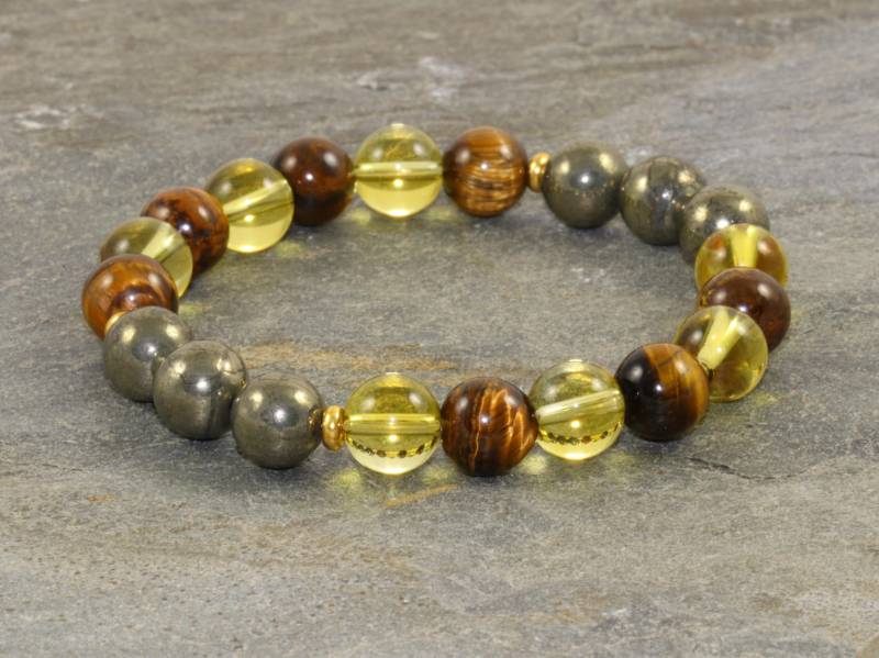 Kapha Dosha Edelstein Armband Stapel, Ayurveda Kristall Heilung, Yoga Chakra Schmuck Meditation, Tigerauge + Gelber Citrin Goldener Pyrit von MainaShiki
