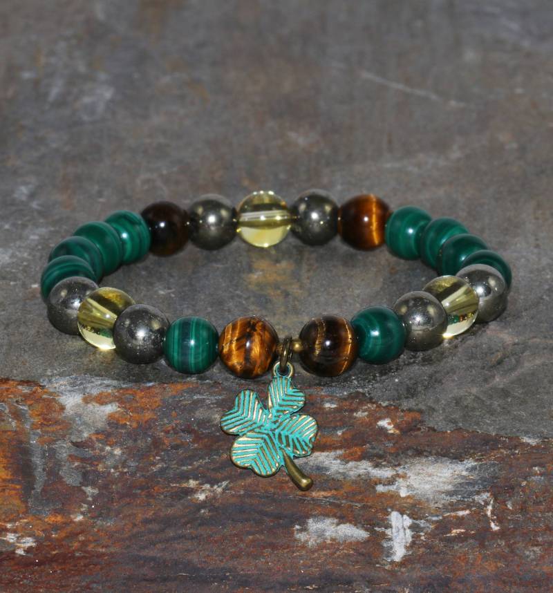 Malachit, Tigers Auge, Citrin Und Pyrit Armband 8mm Perlen Klee Handgemachte Natürliche Edelstein Handgelenk Mala Schmuck von MainaShiki