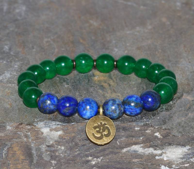 Malay Jade & Lapislazuli Handmade 8mm Perlen Armband Handgelenk Mala Heilung Edelstein Unisex Om Bronze von MainaShiki