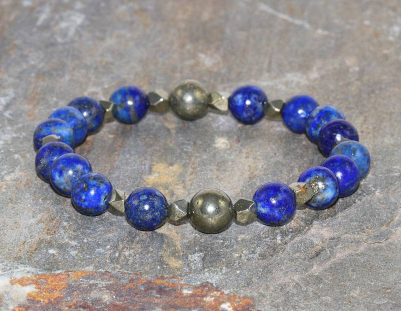 Mens Pyrit & Lapis Lazuli Armband, Kristalle, Yoga Handgelenk Mala Perlen, Solarplexus-Chakra, Stressabbau Reichtum - Männliche Energie Heilung von MainaShiki