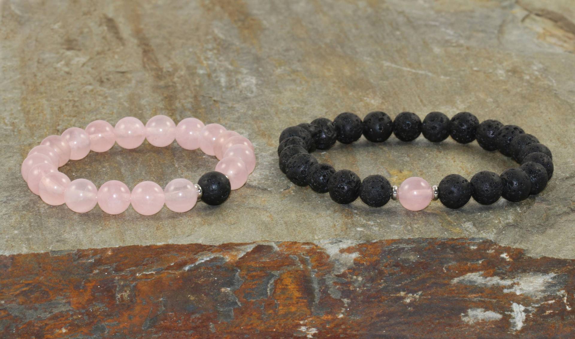 Paare Armband Set Rosenquarz & Vulkangestein Passende Armbänder von MainaShiki
