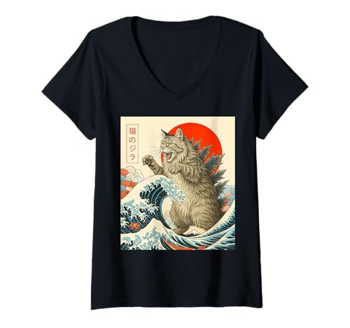 Damen Catzilla Maine Coon Katze Japanische Kunst Lustige Katze Geschenke T-Shirt mit V-Ausschnitt Damen Catzilla Maine Coon Katze Japanische Kunst Lustige Katze Geschenke T-Shirt mit V-Ausschnitt von Maine Coon Cat Japanese Art Funny Gifts Tee