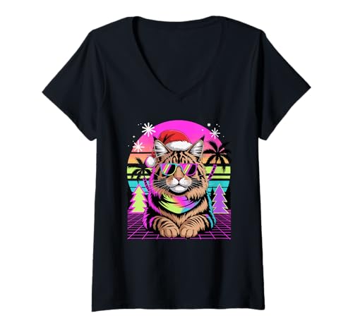 Damen Christmas Synthwave Maine Coon Sunglasses American Longhair T-Shirt mit V-Ausschnitt von Maine Coon Cat Lover Gifts