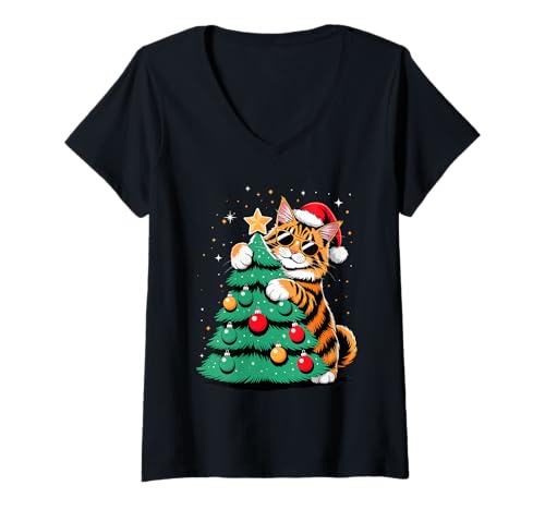 Damen Christmas Tree Maine Coon Sunglasses American Longhair T-Shirt mit V-Ausschnitt von Maine Coon Cat Lover Gifts