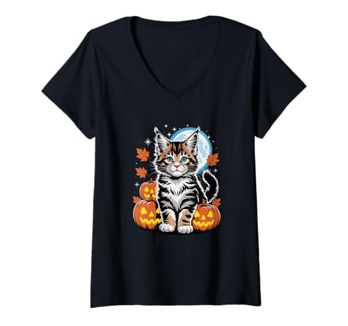 Damen Halloween Maine Coon Kürbis American Longhair T-Shirt mit V-Ausschnitt Damen Halloween Maine Coon Kürbis American Longhair T-Shirt mit V-Ausschnitt von Maine Coon Cat Lover Gifts