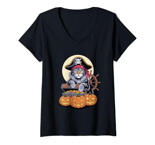 Damen Halloween Pirate Maine Coon Treasure American Longhair T-Shirt mit V-Ausschnitt von Maine Coon Cat Lover Gifts