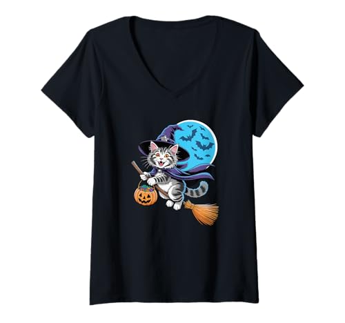 Damen Halloween Witch Maine Coon Moon American Longhair T-Shirt mit V-Ausschnitt Damen Halloween Witch Maine Coon Moon American Longhair T-Shirt mit V-Ausschnitt von Maine Coon Cat Lover Gifts