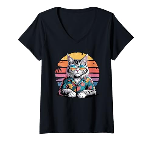 Damen Maine Coon Sonnenbrille Hawaii Strand Sommer T-Shirt mit V-Ausschnitt Damen Maine Coon Sonnenbrille Hawaii Strand Sommer T-Shirt mit V-Ausschnitt von Maine Coon Cat Lover Gifts