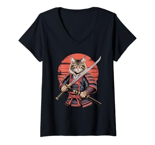 Damen Samurai Maine Coon Katana Schwert American Longhair T-Shirt mit V-Ausschnitt von Maine Coon Cat Lover Gifts