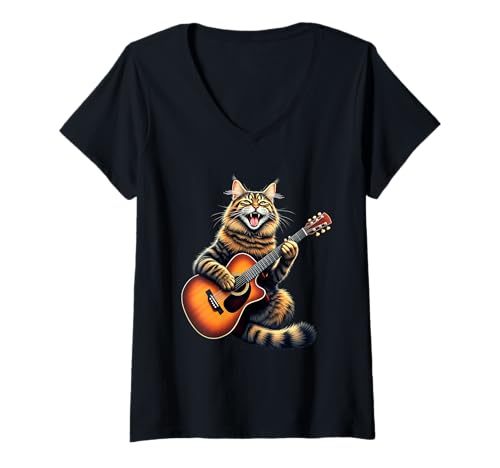 Damen Lustige Maine Coon Katze spielt Gitarre Design für Musikliebhaber T-Shirt mit V-Ausschnitt Damen Lustige Maine Coon Katze spielt Gitarre Design für Musikliebhaber T-Shirt mit V-Ausschnitt von Maine Coon Cat Lovers Designs