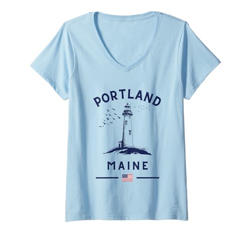 Damen Portland Maine USA Leuchtturm New England Amerikanische Flagge T-Shirt mit V-Ausschnitt Damen Portland Maine USA Leuchtturm New England Amerikanische Flagge T-Shirt mit V-Ausschnitt von Maine Portland America Designs