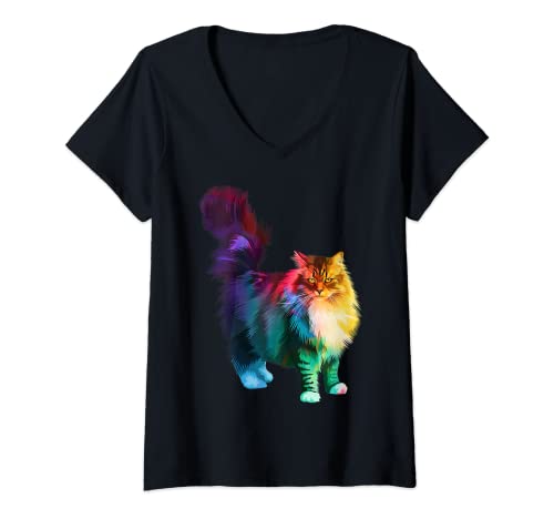 Damen Katze bunte Maine Coon Katze T-Shirt mit V-Ausschnitt von Maine coon cat