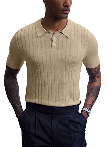 Herren Strick Knopf Poloshirts Kurzarm Casual Gestrickt Polo Tops Golf Shirts, F / Beige, S von Mainfini