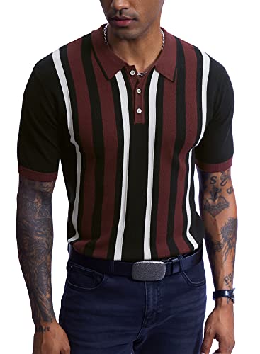 Herren Strick Retro Poloshirt Kurzarm Vintage Gestreift Strick Revers Kragen Poloshirt, F/Schwarz, XX-Large von Mainfini