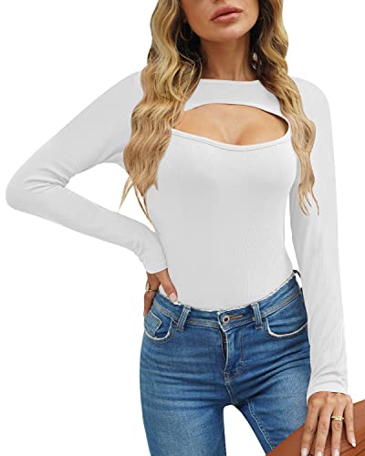 Mainfini Damen Cut Out Top Keyhole Tops Gerippt Langarm Casual Shirt Strickstoff Leicht Rundhals Weich für Herbst Winter S-XXL, weiß, M von Mainfini